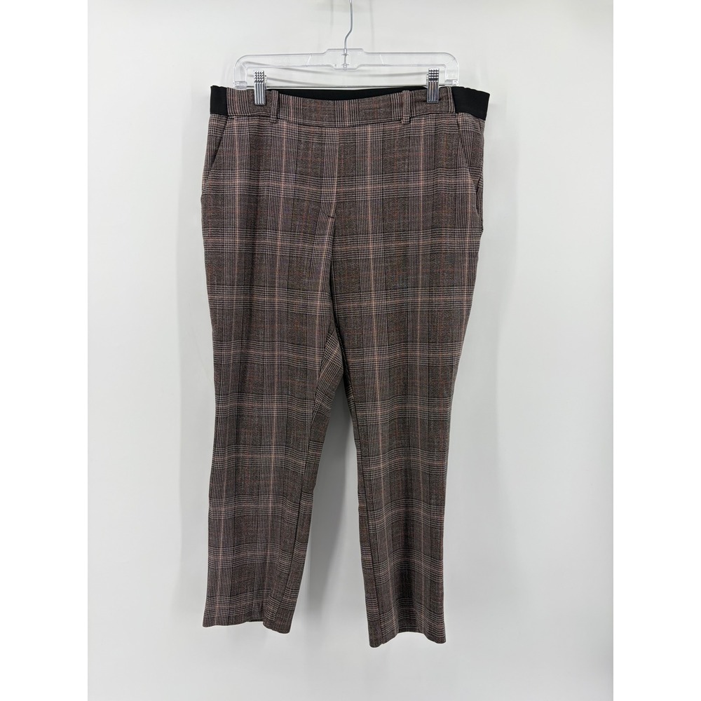 H&M Womens 14 Brown Plaid Tapered Ankle Pants Elastic Waist Office Workwear